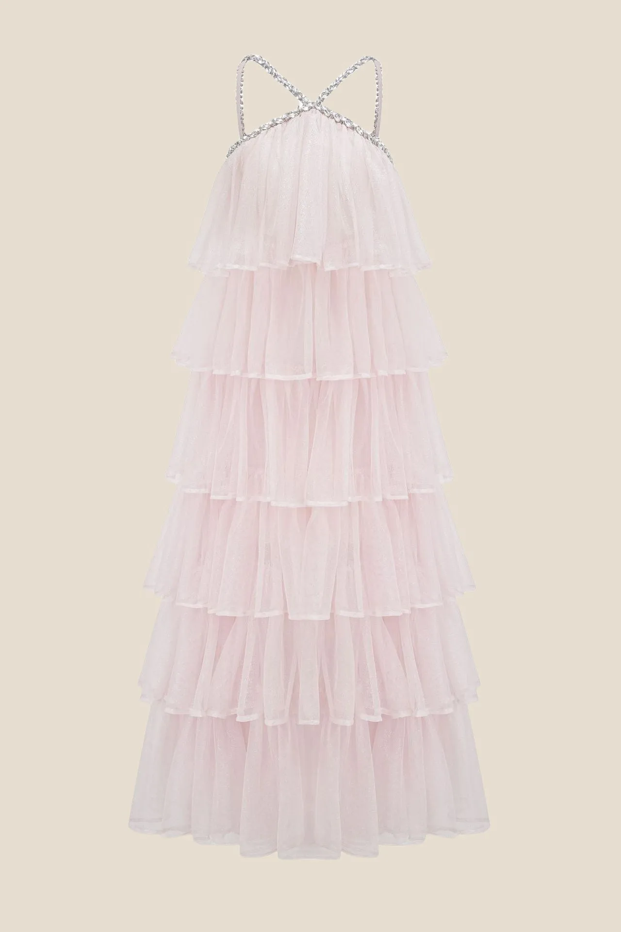 Light Pink Tiered A-line Long Dress with Diamonds