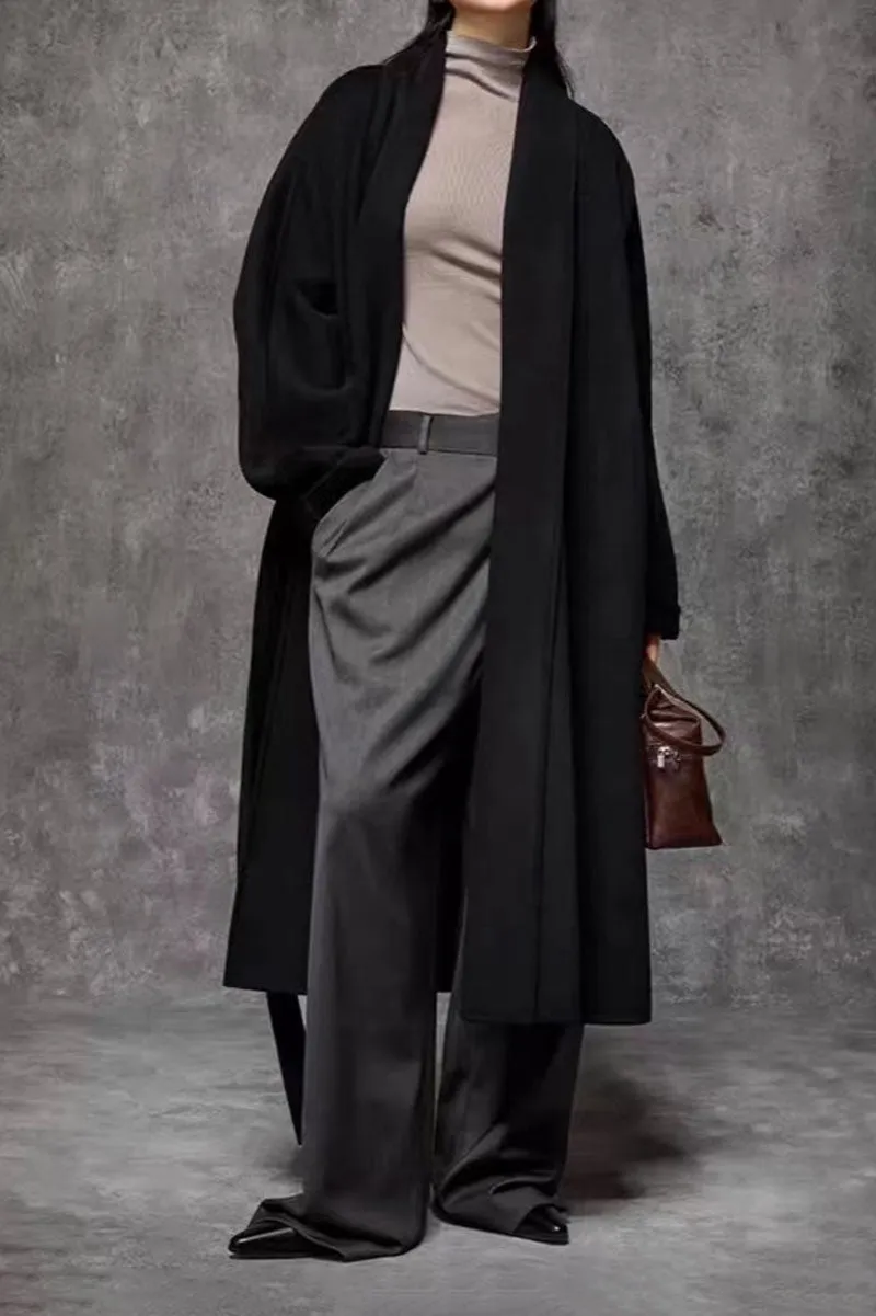 Long Australian Wool Belted Double Faced Wrap Coat with Shawl Collar