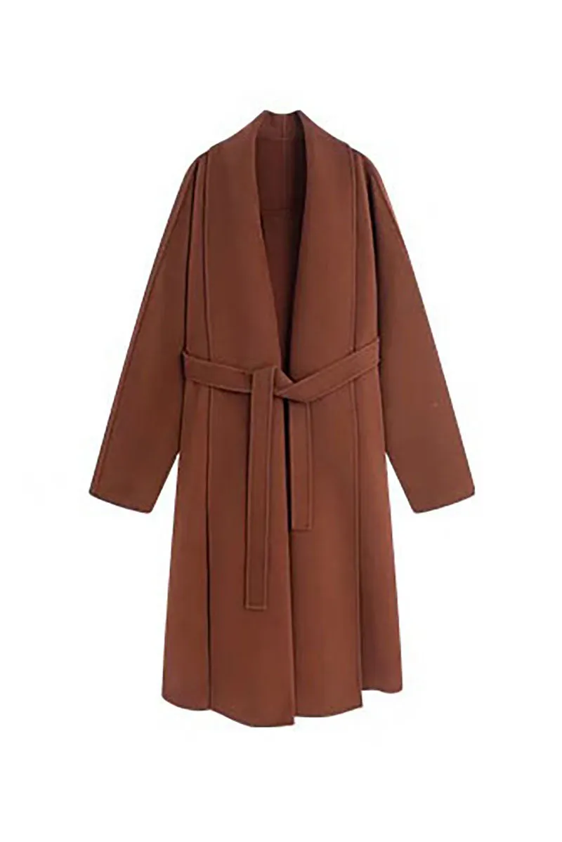 Long Australian Wool Belted Double Faced Wrap Coat with Shawl Collar