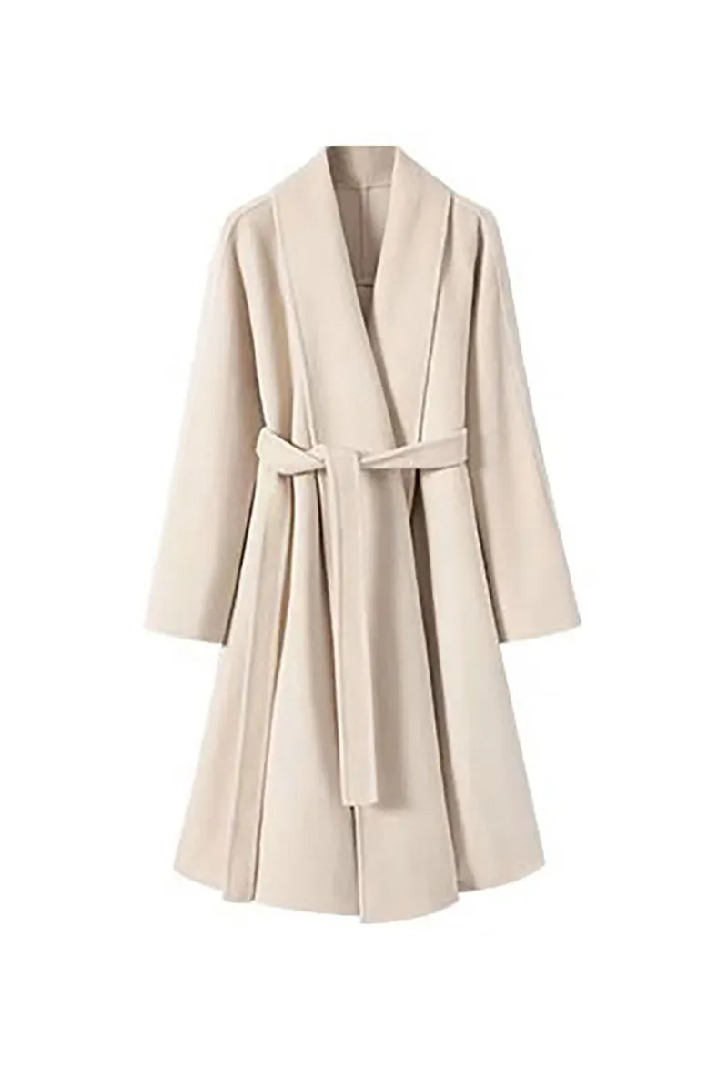 Long Australian Wool Belted Double Faced Wrap Coat with Shawl Collar