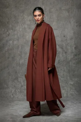 Long Australian Wool Belted Double Faced Wrap Coat with Shawl Collar