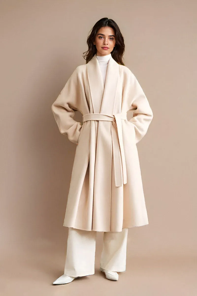 Long Australian Wool Belted Double Faced Wrap Coat with Shawl Collar