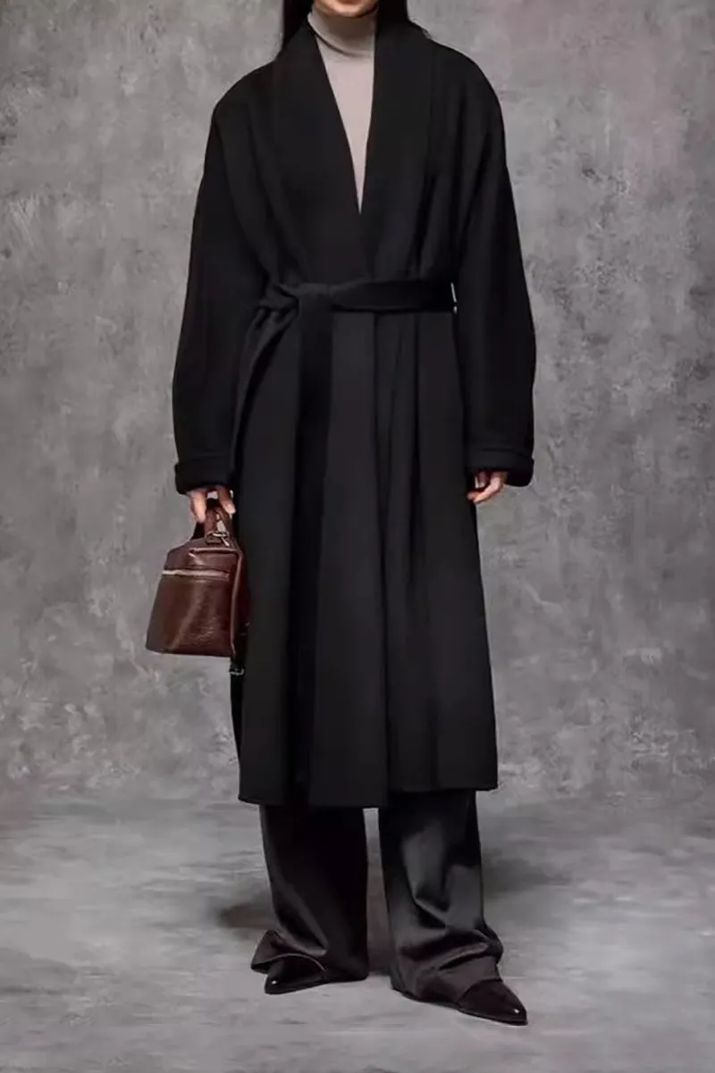 Long Australian Wool Belted Double Faced Wrap Coat with Shawl Collar