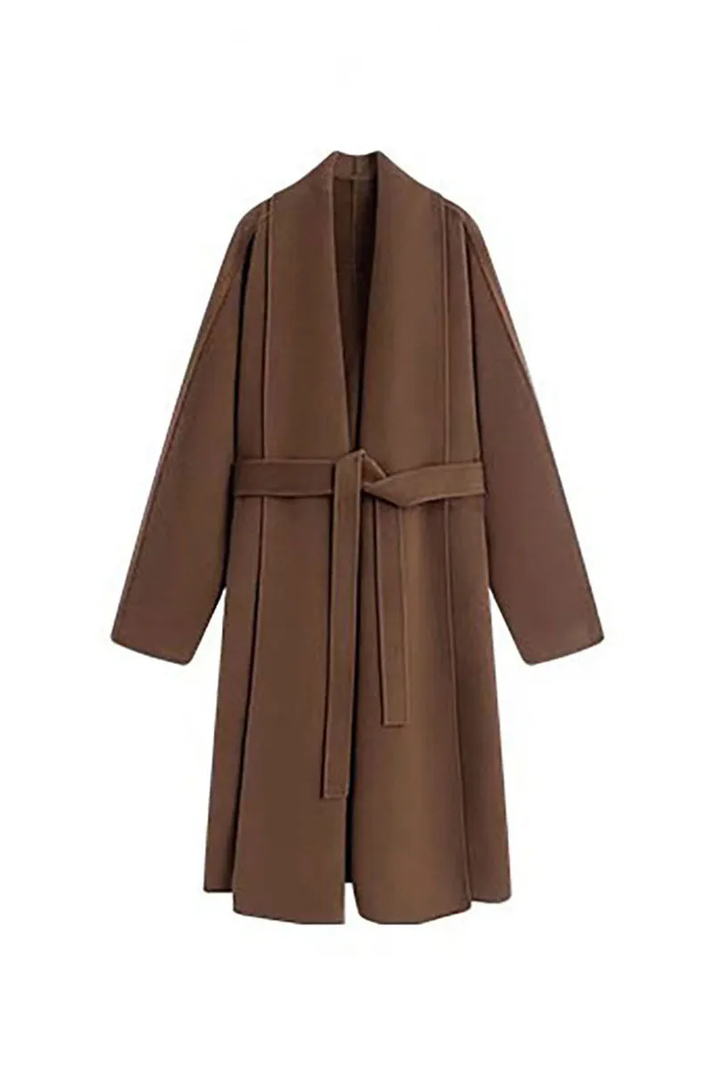 Long Australian Wool Belted Double Faced Wrap Coat with Shawl Collar