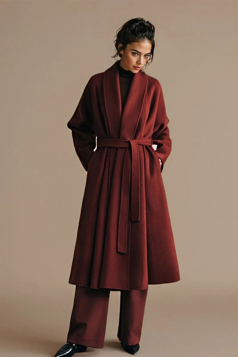 Long Australian Wool Belted Double Faced Wrap Coat with Shawl Collar