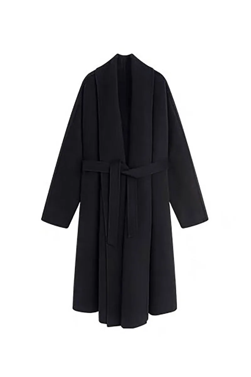 Long Australian Wool Belted Double Faced Wrap Coat with Shawl Collar