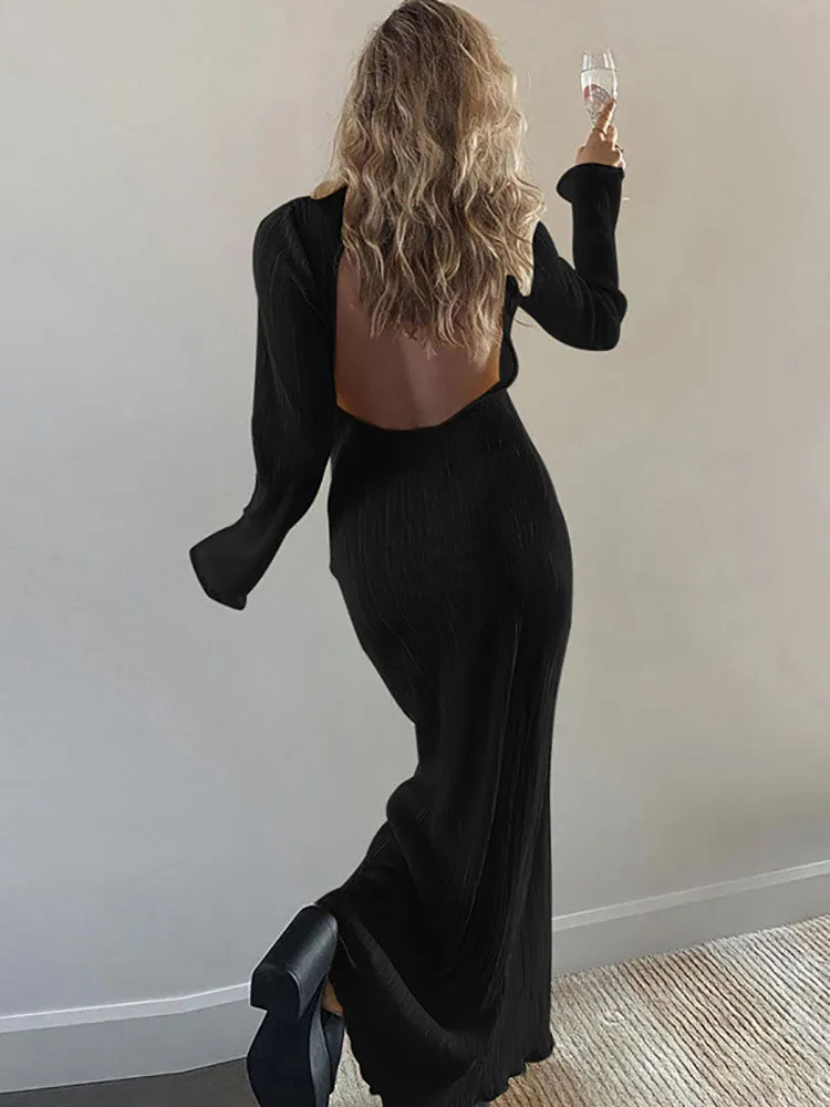 Long Sleeve Backless Side Split Maxi Dresses