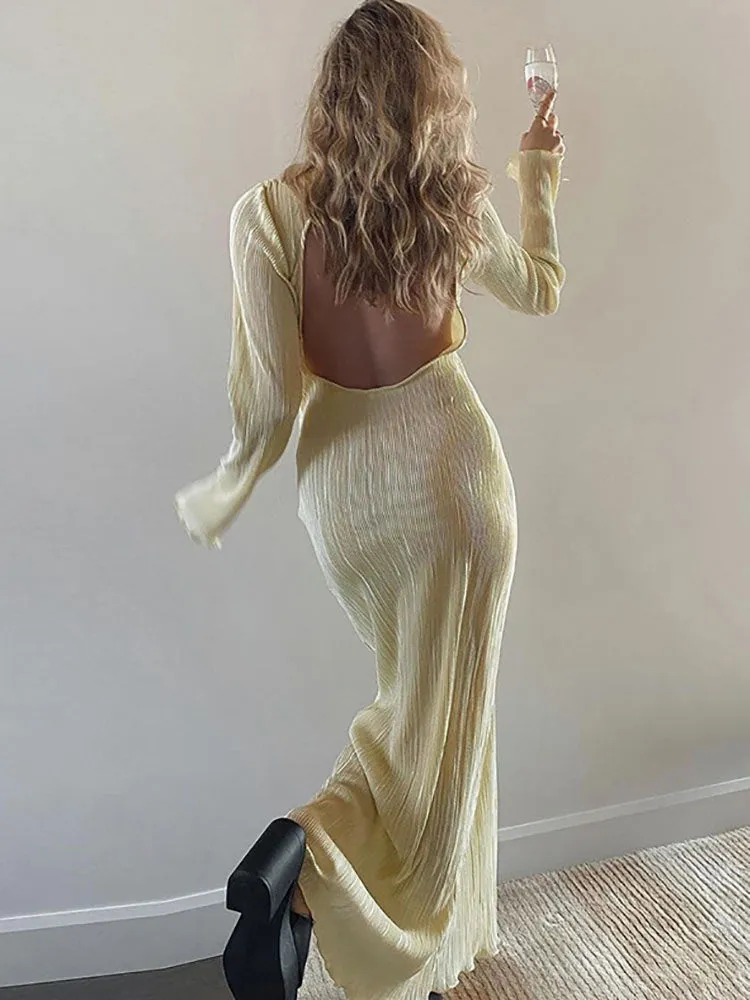 Long Sleeve Backless Side Split Maxi Dresses