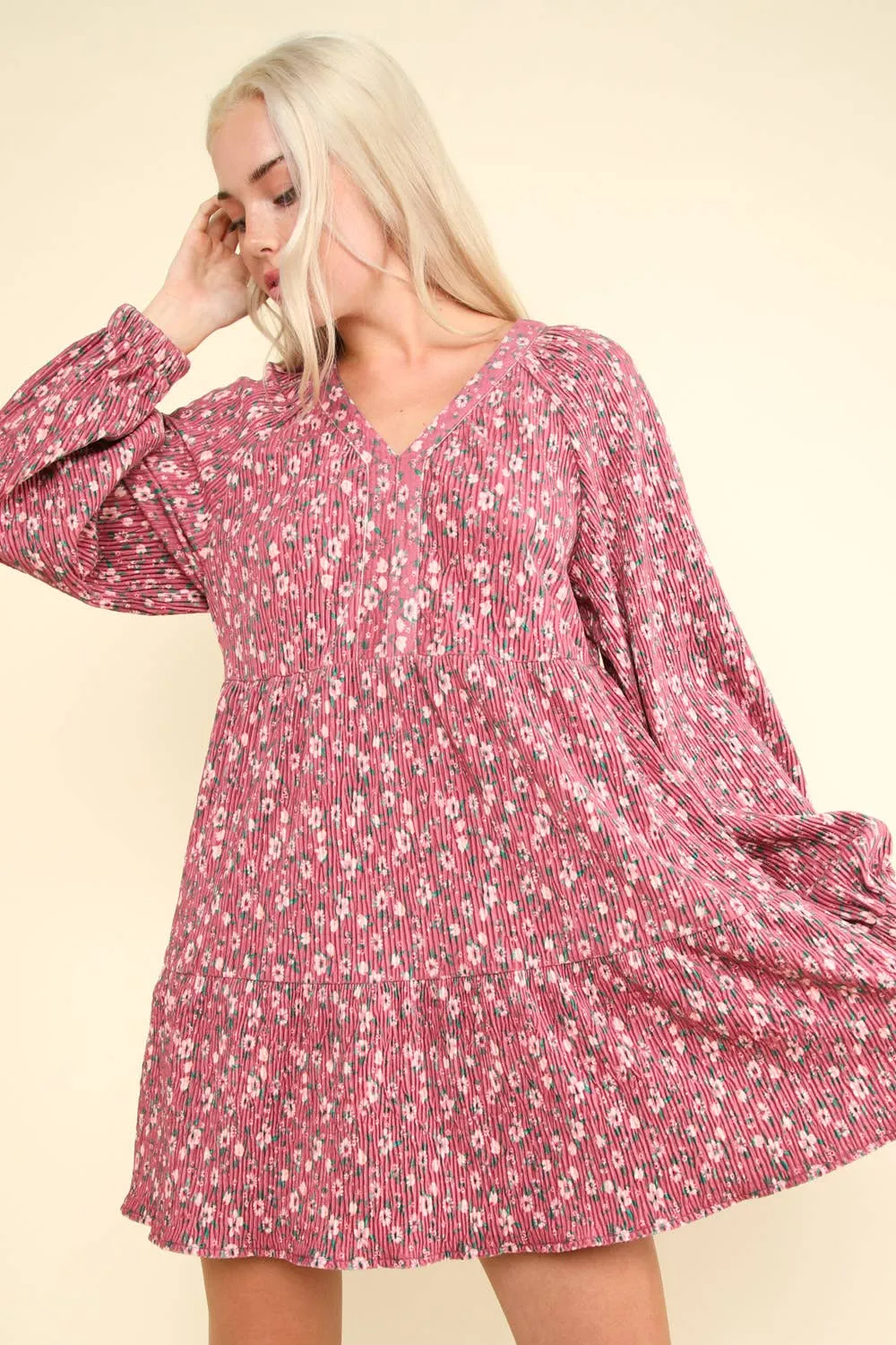 LONG SLEEVE SMALL FLORAL PRINT VELVET TIERED DRESS