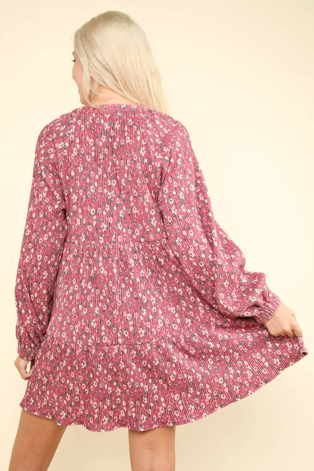 LONG SLEEVE SMALL FLORAL PRINT VELVET TIERED DRESS