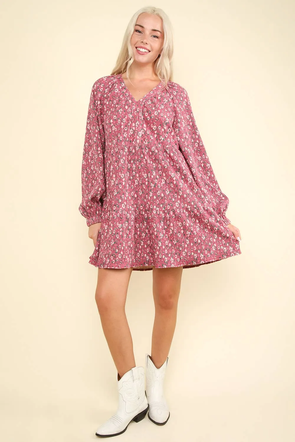 LONG SLEEVE SMALL FLORAL PRINT VELVET TIERED DRESS