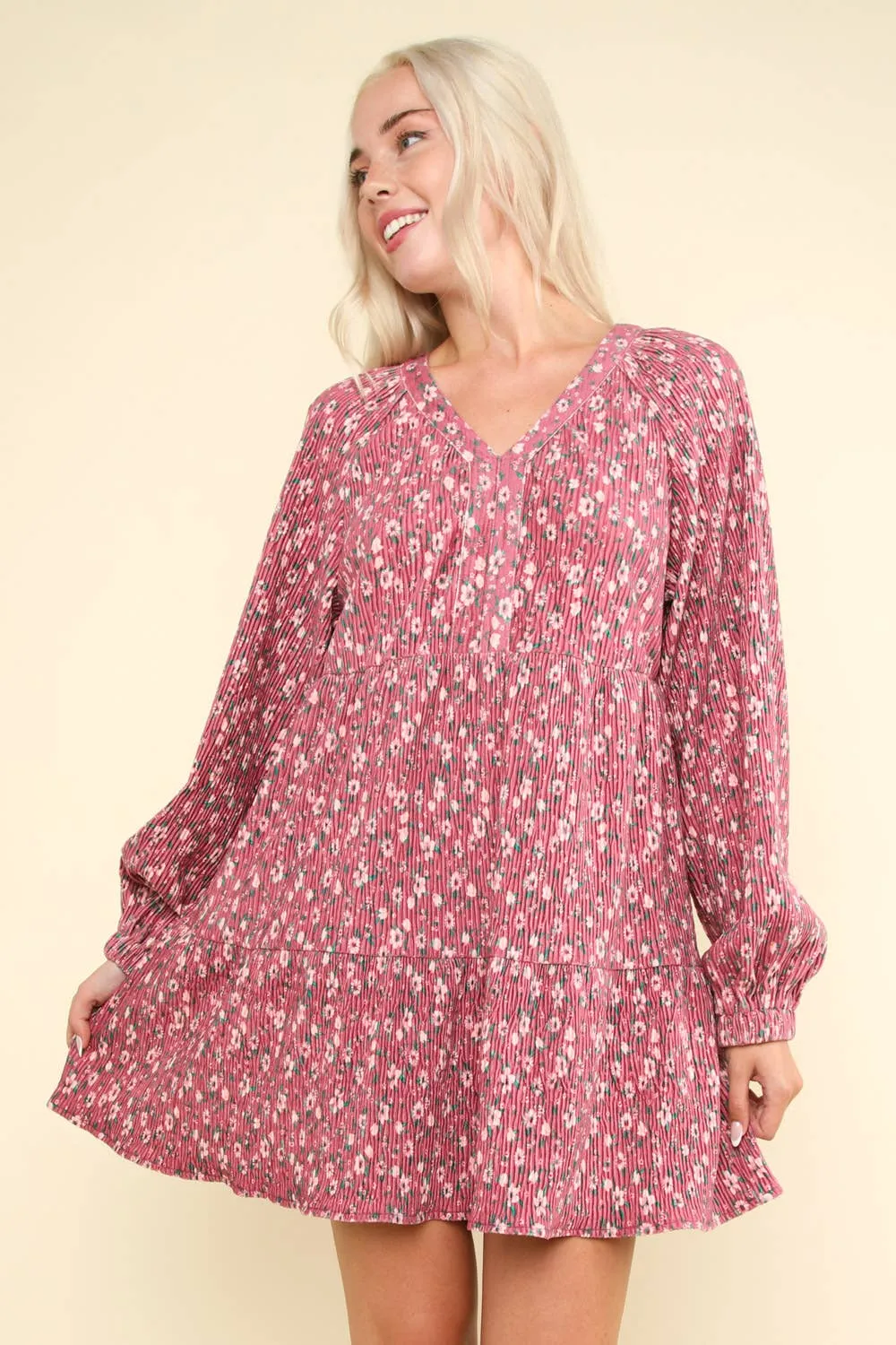 LONG SLEEVE SMALL FLORAL PRINT VELVET TIERED DRESS