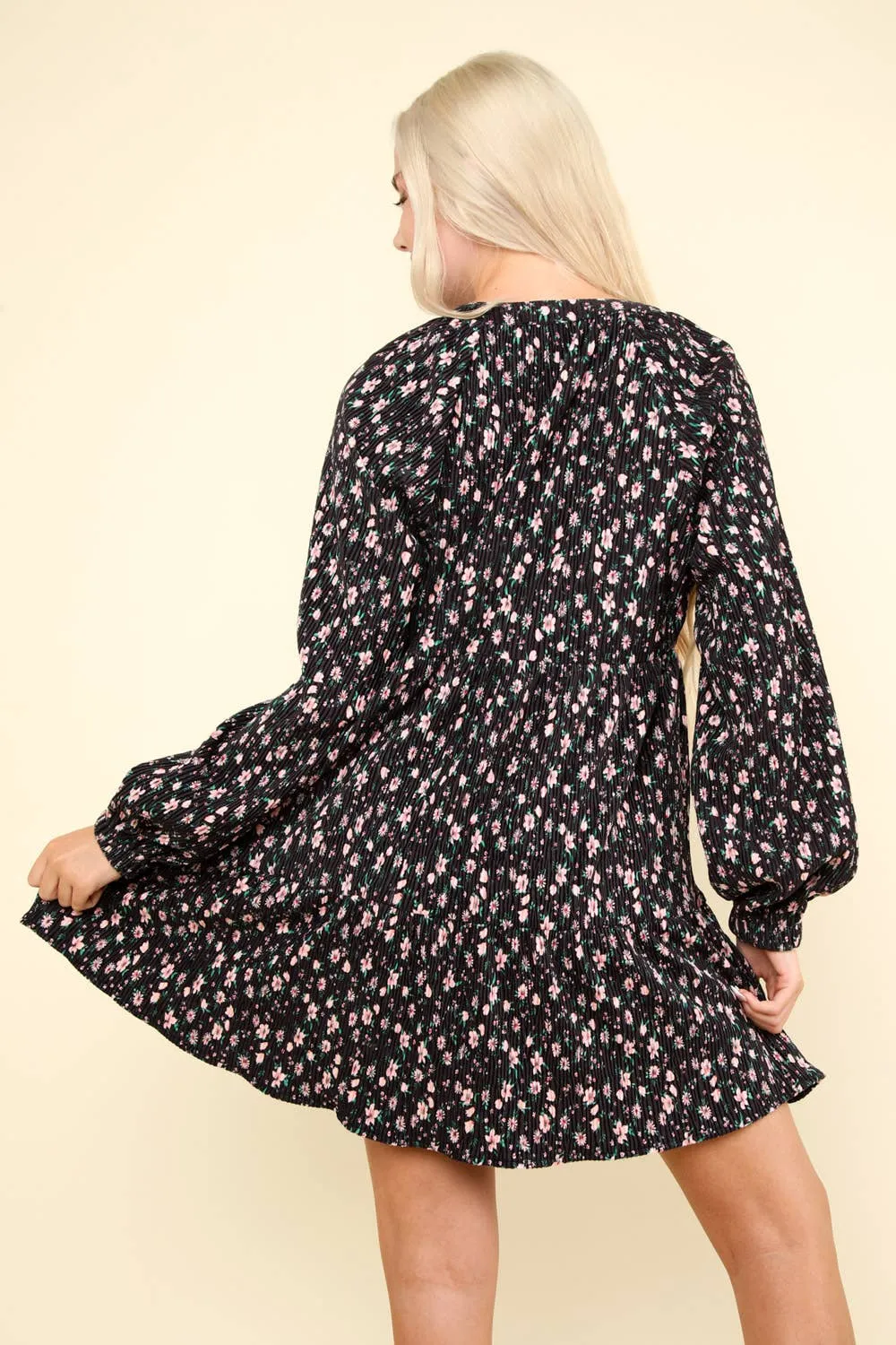 LONG SLEEVE SMALL FLORAL PRINT VELVET TIERED DRESS