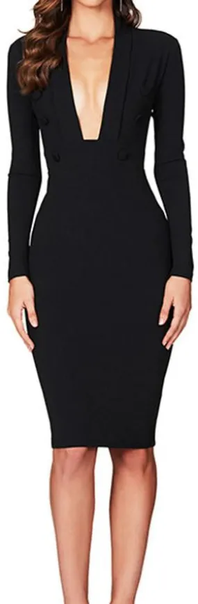 Low-Cut Button Bodycon Dress, Black