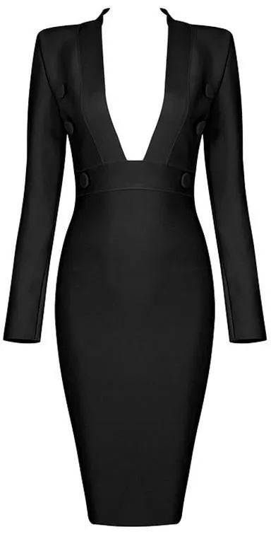 Low-Cut Button Bodycon Dress, Black