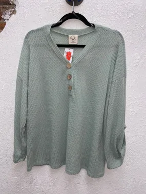 LS SOLID WAFFLE KNIT HALF BUTTON TOP