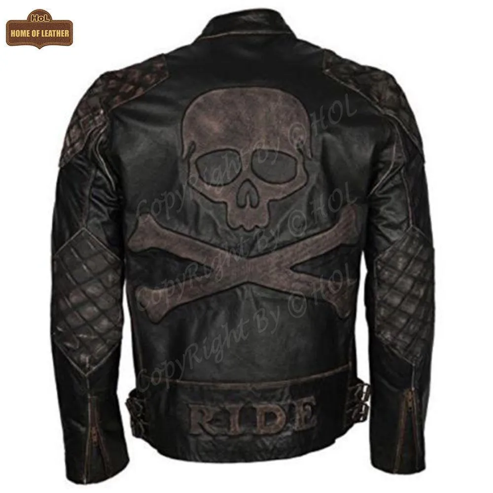 M023 Motorcycle Fashion Skull Vintage Men's Brown Biker Wear Ride Jacket