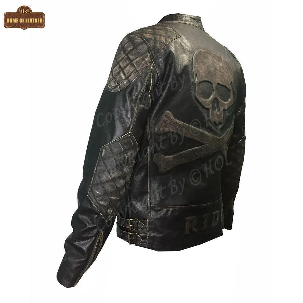 M023 Motorcycle Fashion Skull Vintage Men's Brown Biker Wear Ride Jacket