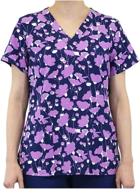 Maevn Women's V-Neck Print Scrub Top 1767 SBM Shower of Blossom <br> Sizes XS to 3XL