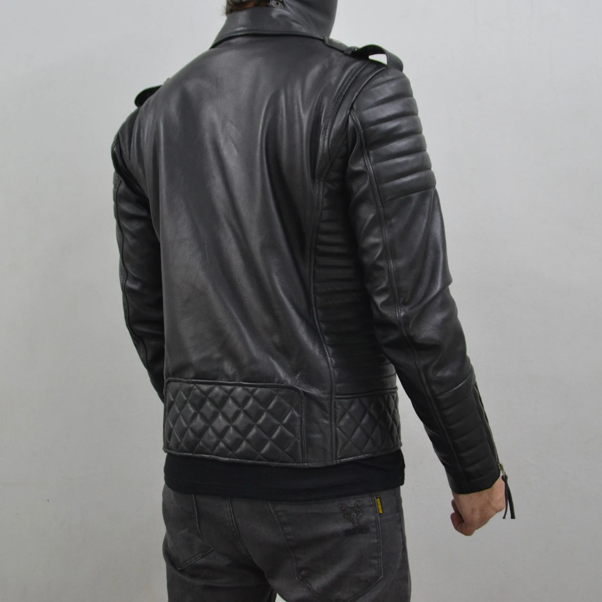 Men's Brando Black Gun Metal Quilted Padded Genuine Leather Biker Jacket