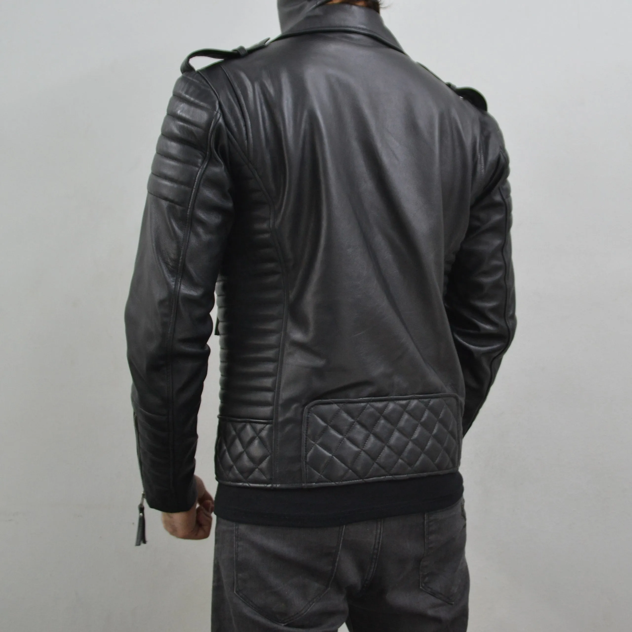 Men's Brando Black Gun Metal Quilted Padded Genuine Leather Biker Jacket