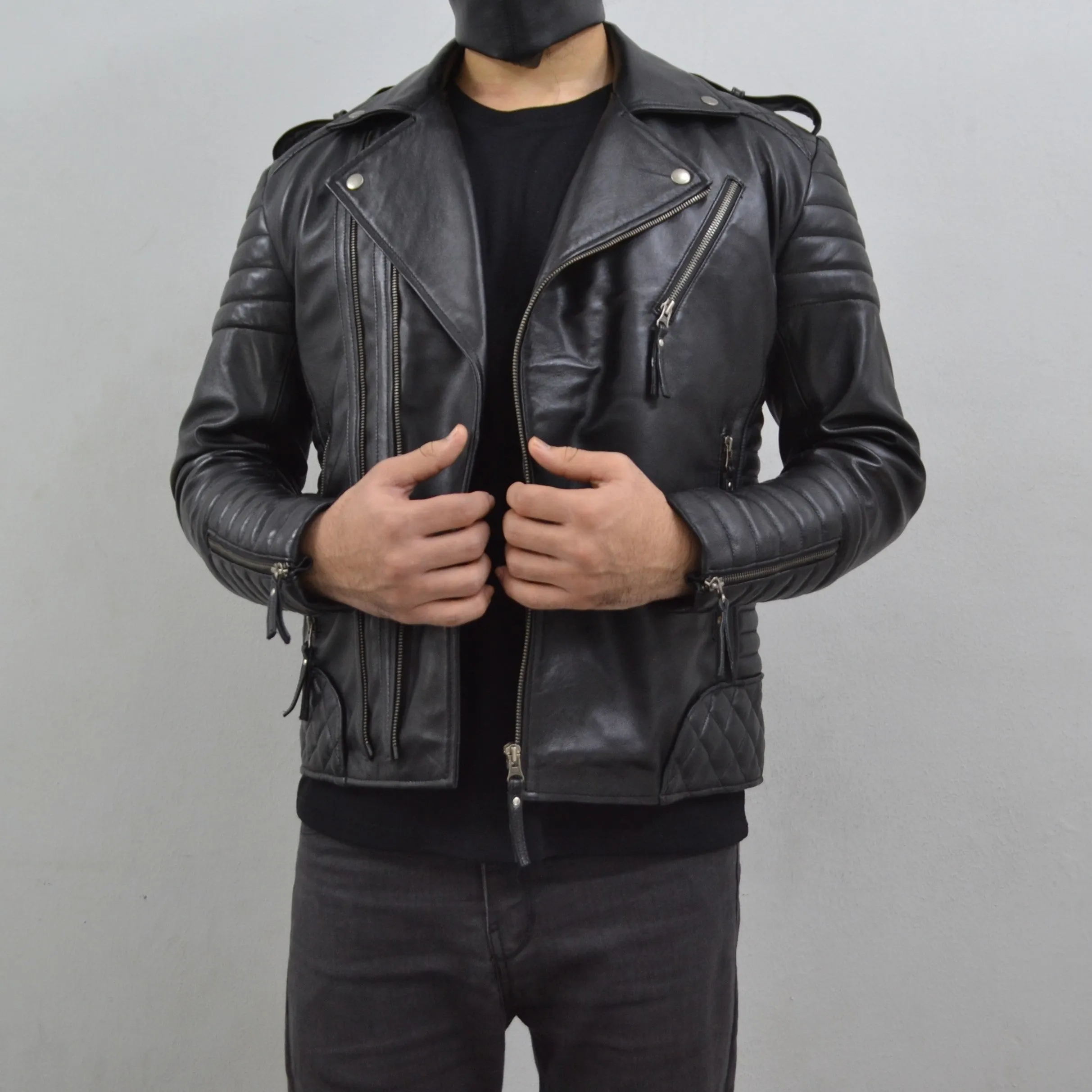 Men's Brando Black Gun Metal Quilted Padded Genuine Leather Biker Jacket