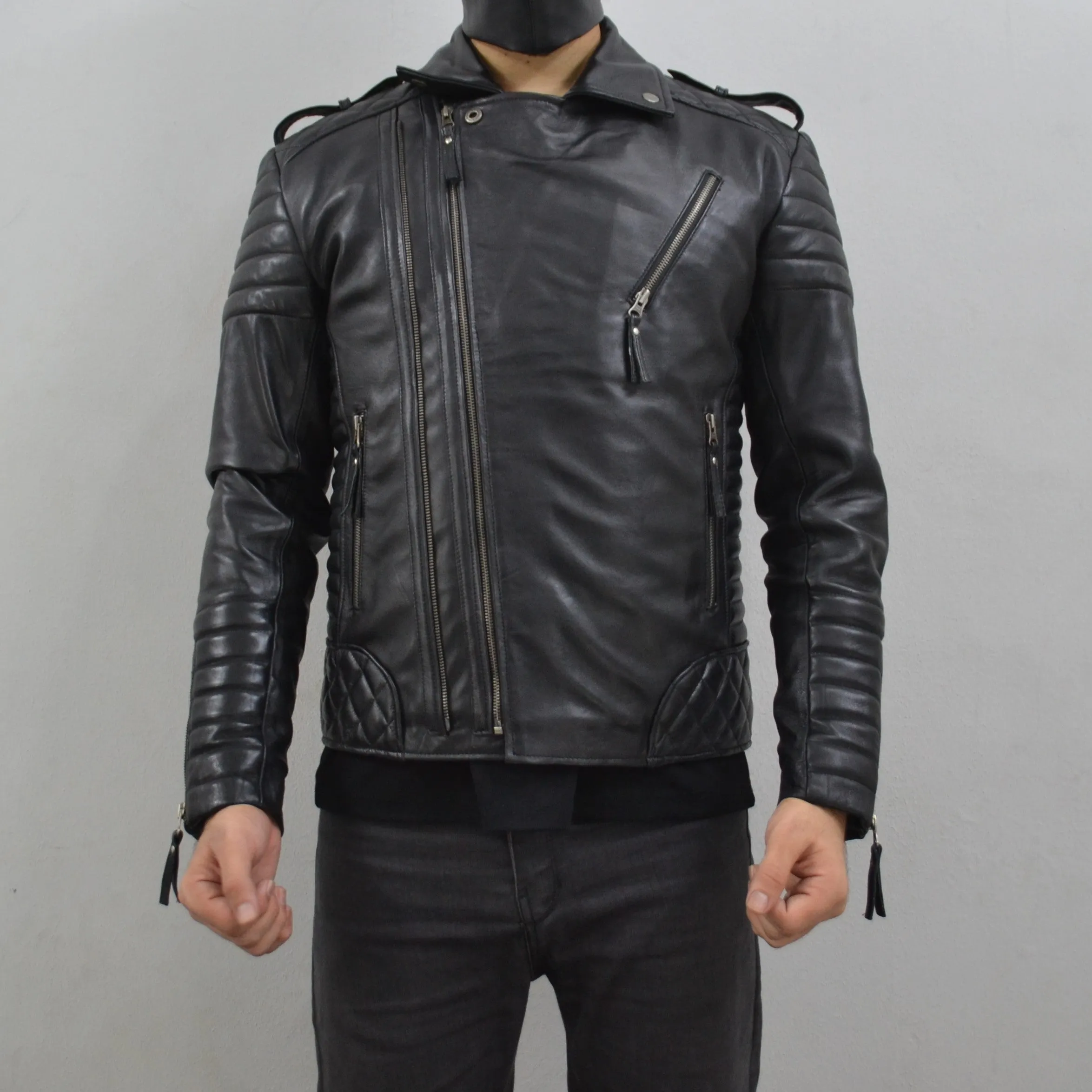 Men's Brando Black Gun Metal Quilted Padded Genuine Leather Biker Jacket