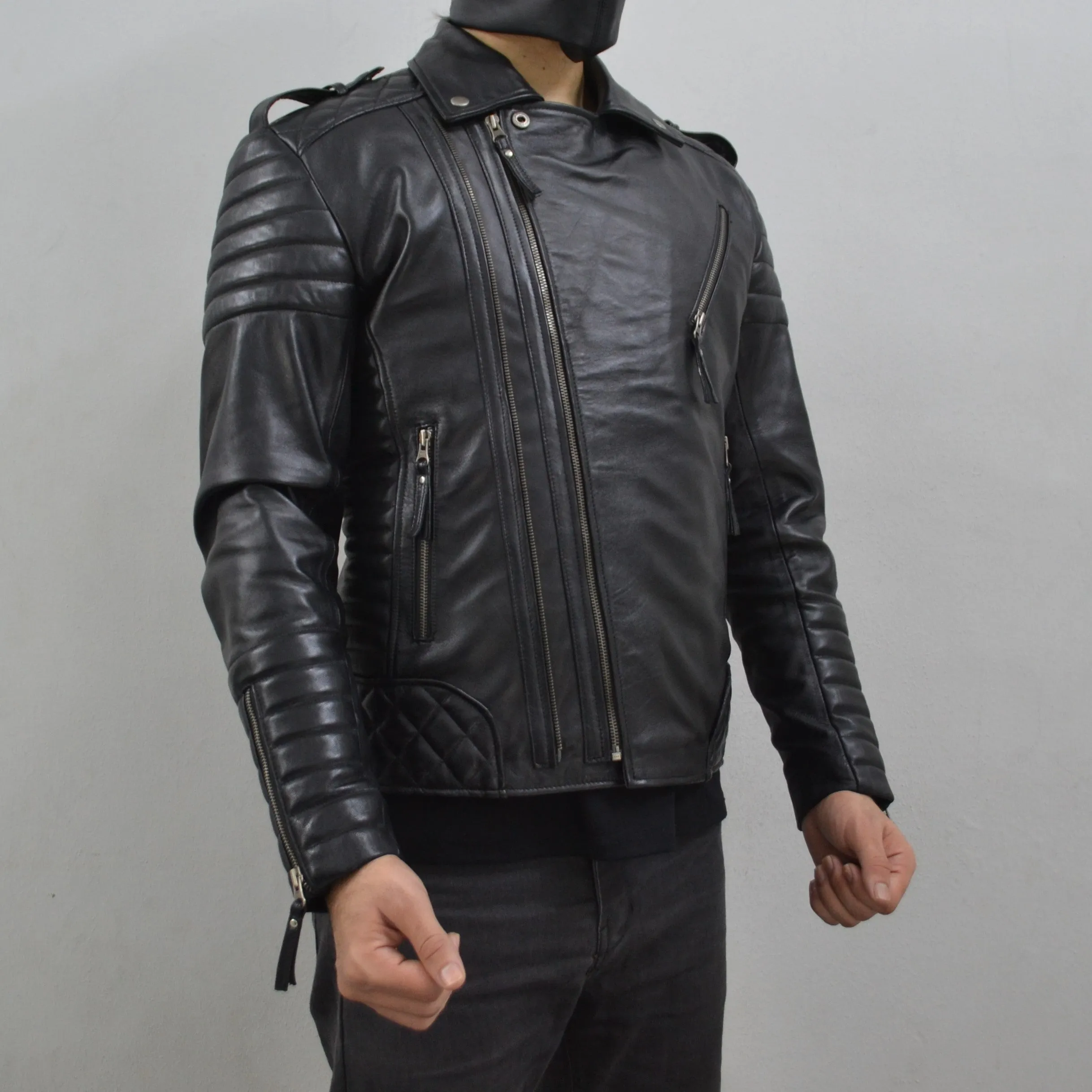 Men's Brando Black Gun Metal Quilted Padded Genuine Leather Biker Jacket