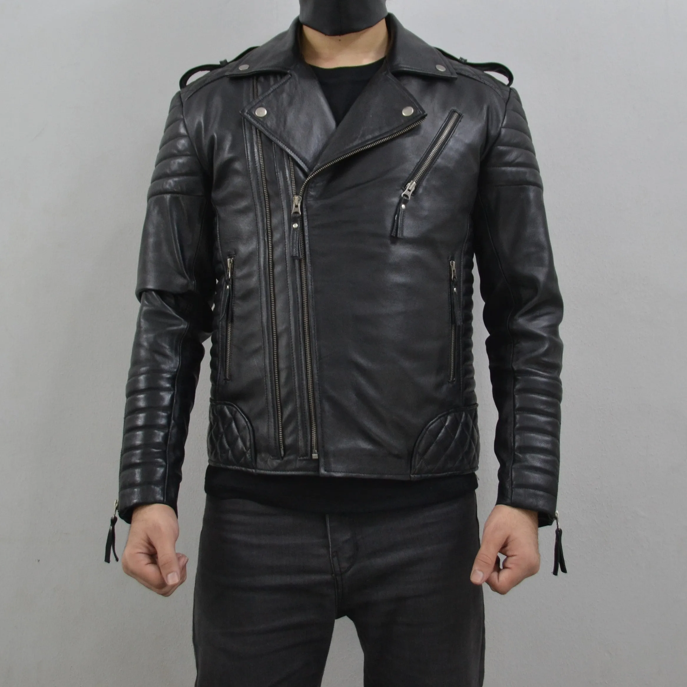 Men's Brando Black Gun Metal Quilted Padded Genuine Leather Biker Jacket