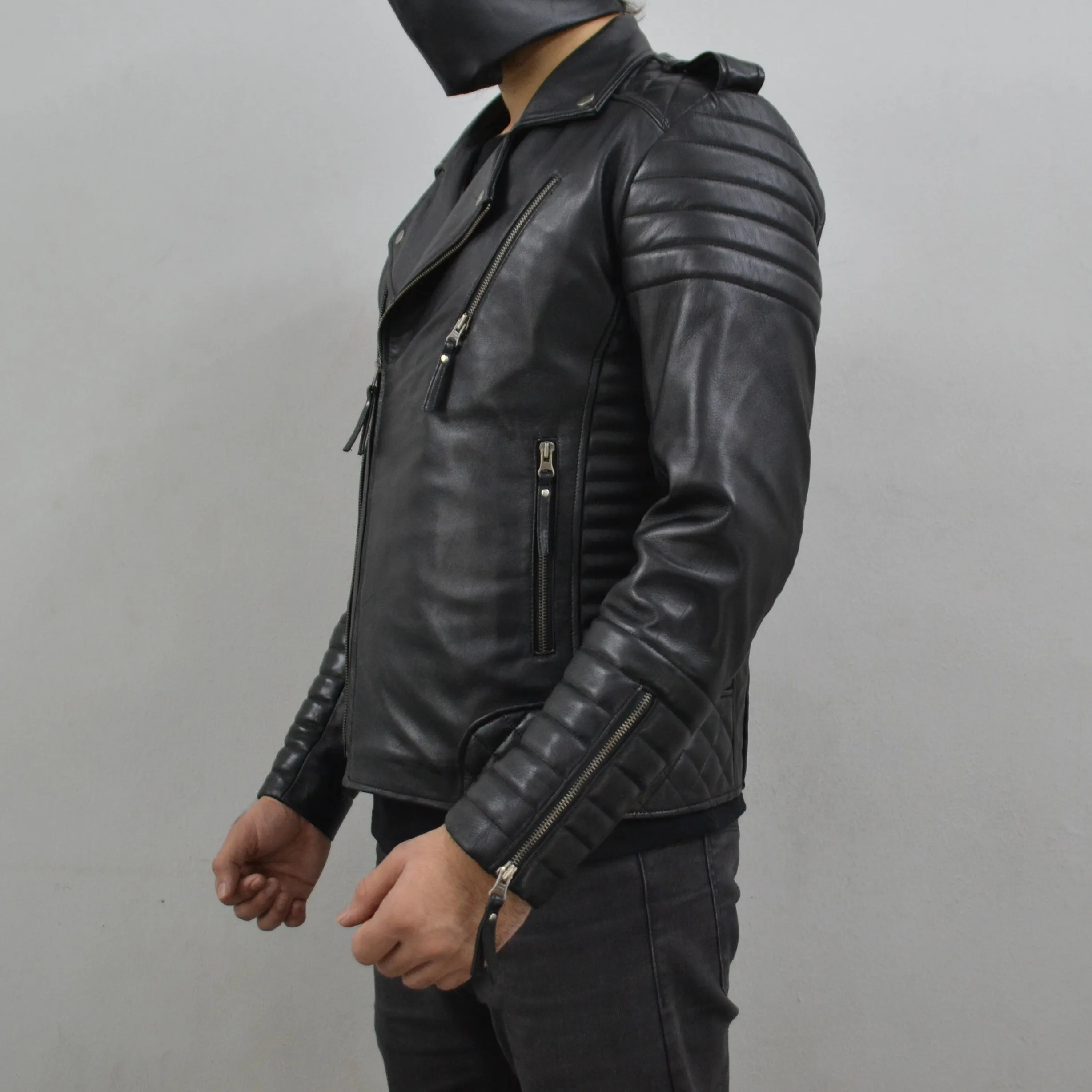 Men's Brando Black Gun Metal Quilted Padded Genuine Leather Biker Jacket