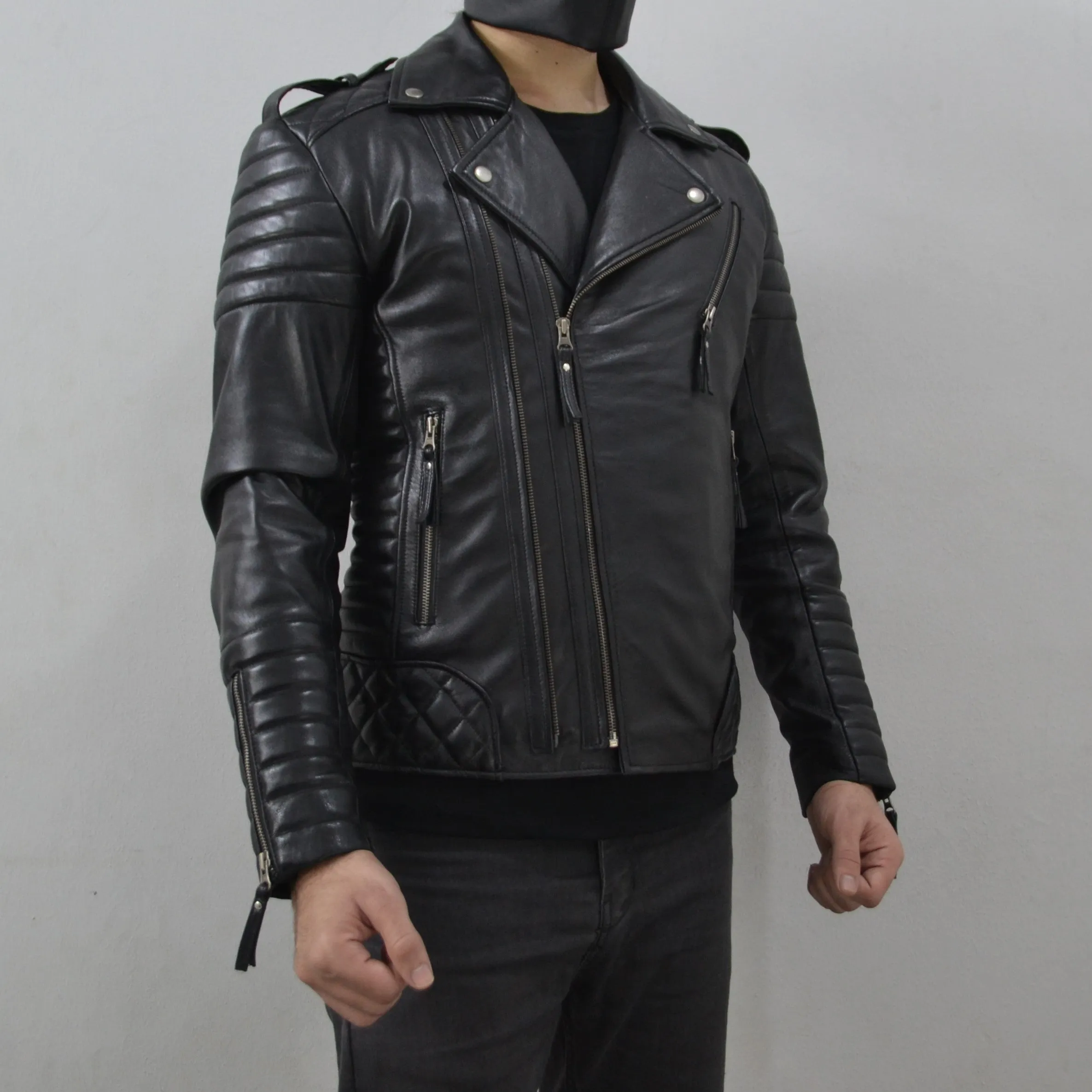 Men's Brando Black Gun Metal Quilted Padded Genuine Leather Biker Jacket