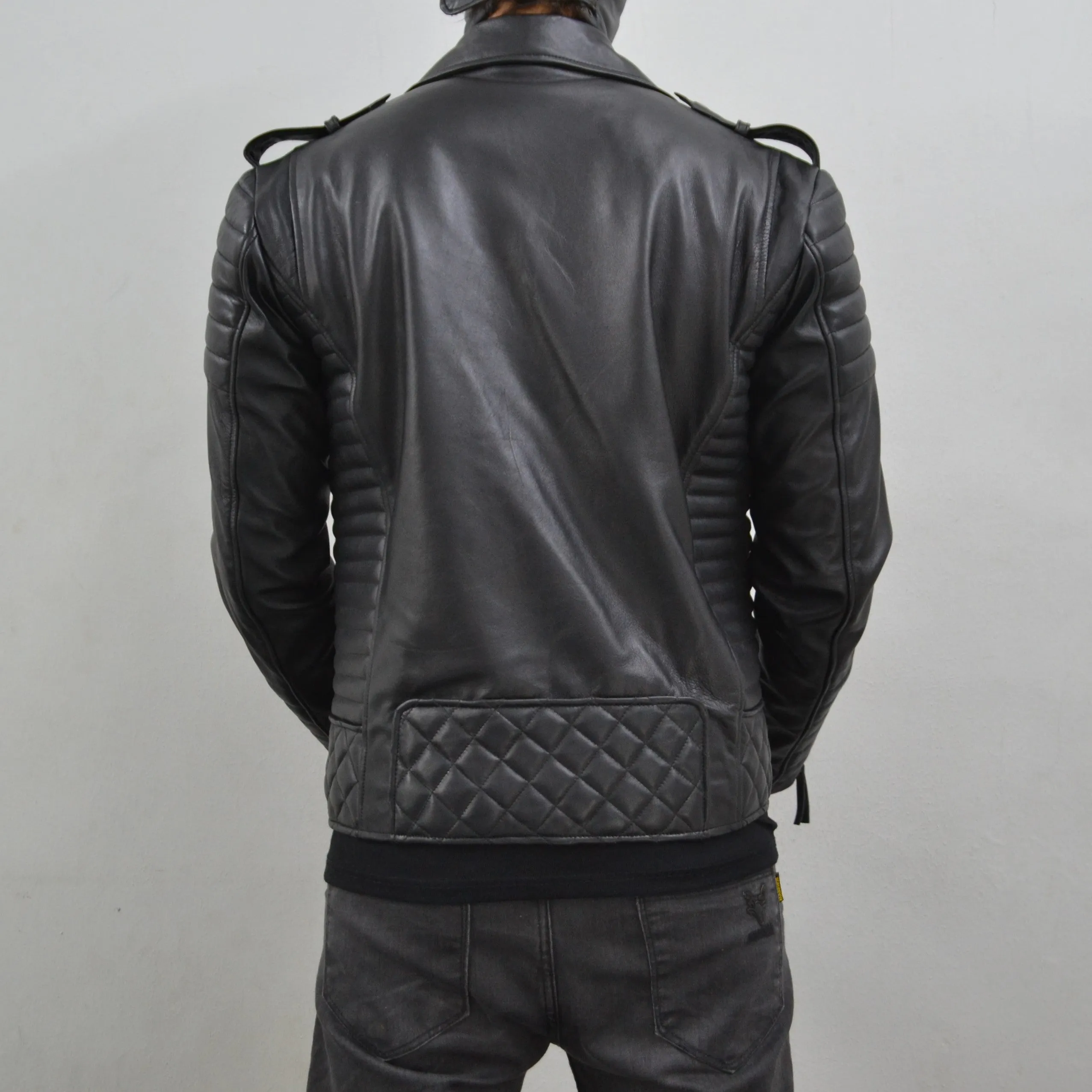 Men's Brando Black Gun Metal Quilted Padded Genuine Leather Biker Jacket