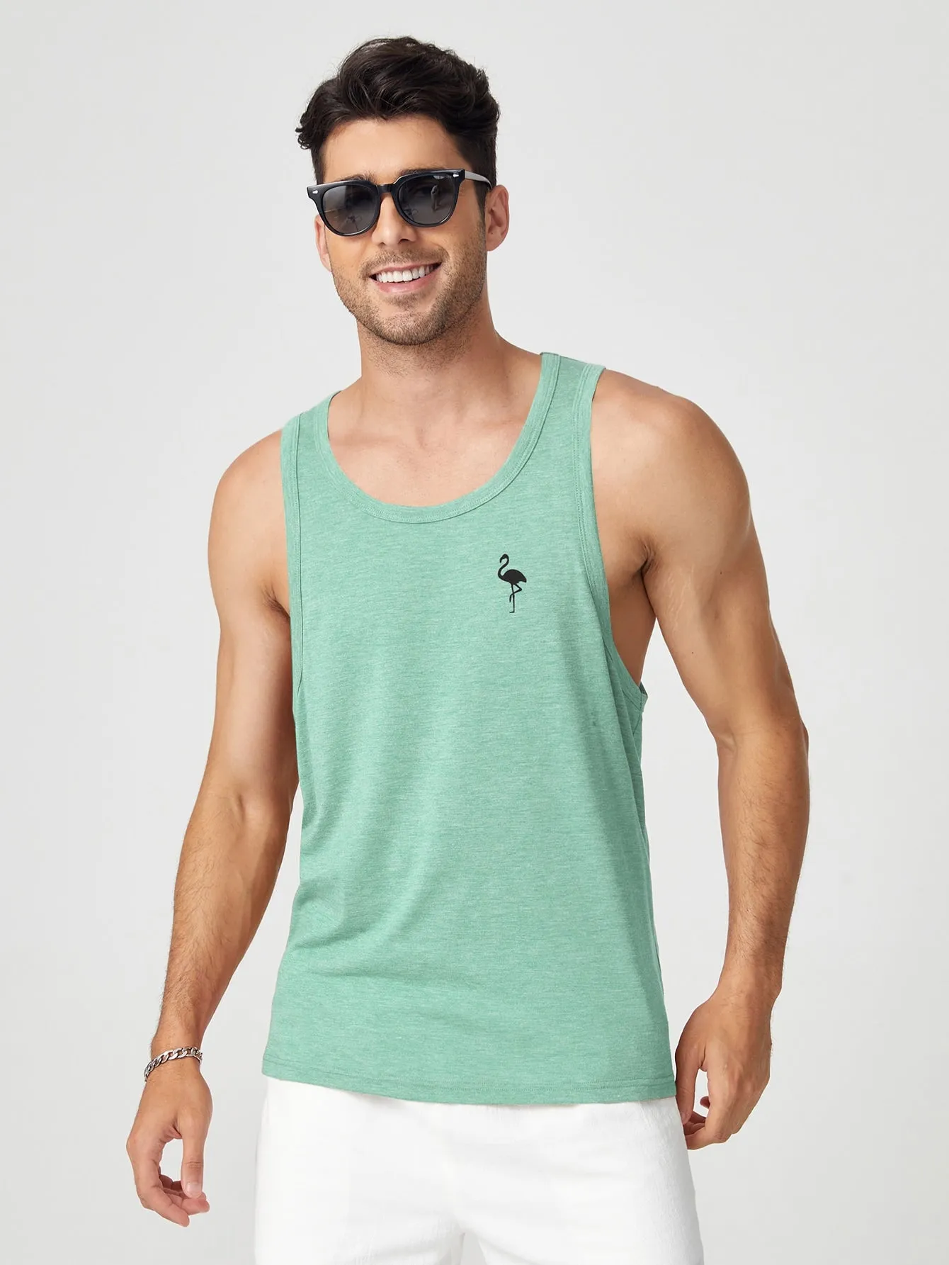 Men's Casual Flamingo Print Tank Top, Sleeveless, Round Neck, Regular Fit