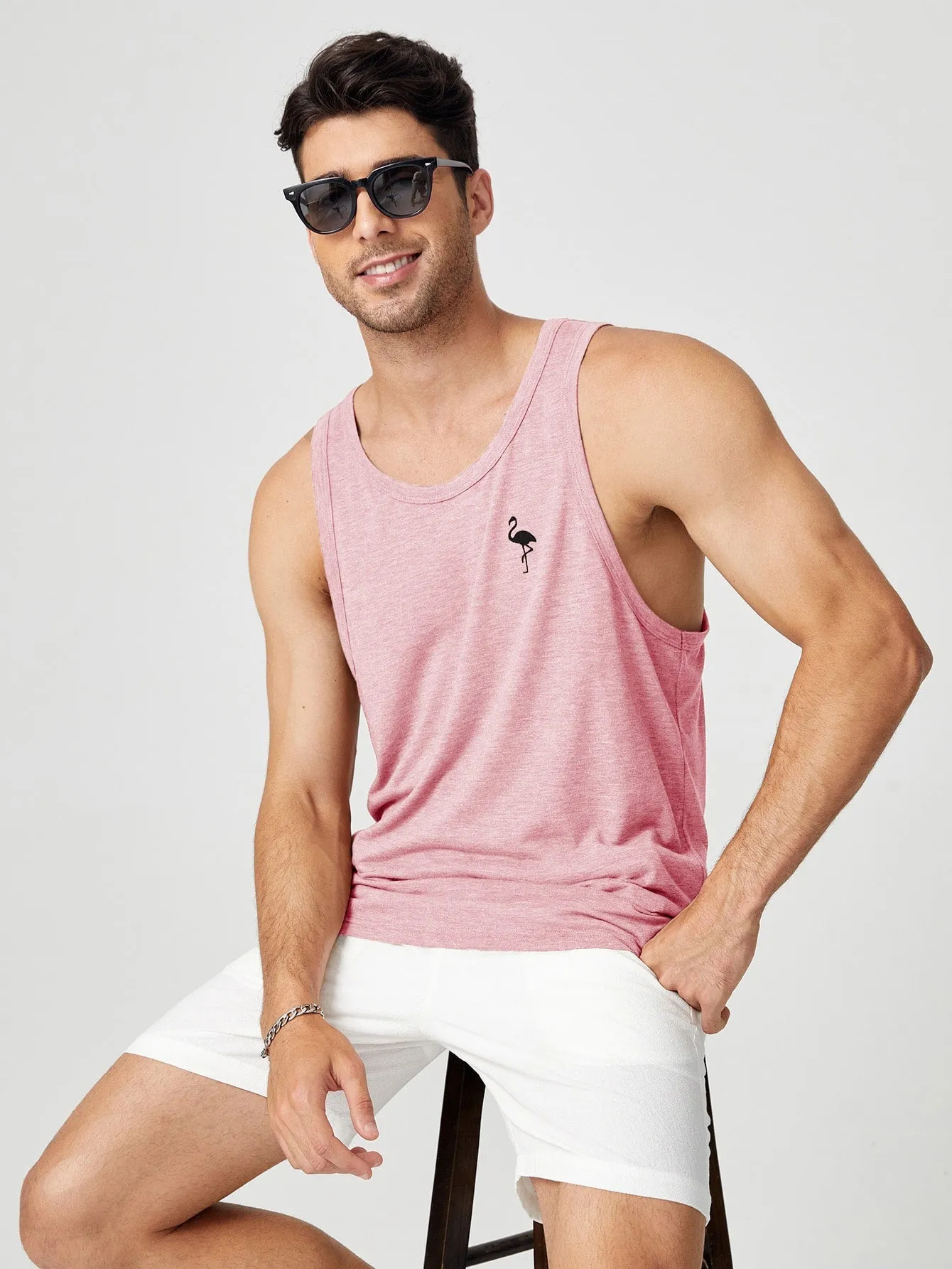 Men's Casual Flamingo Print Tank Top, Sleeveless, Round Neck, Regular Fit