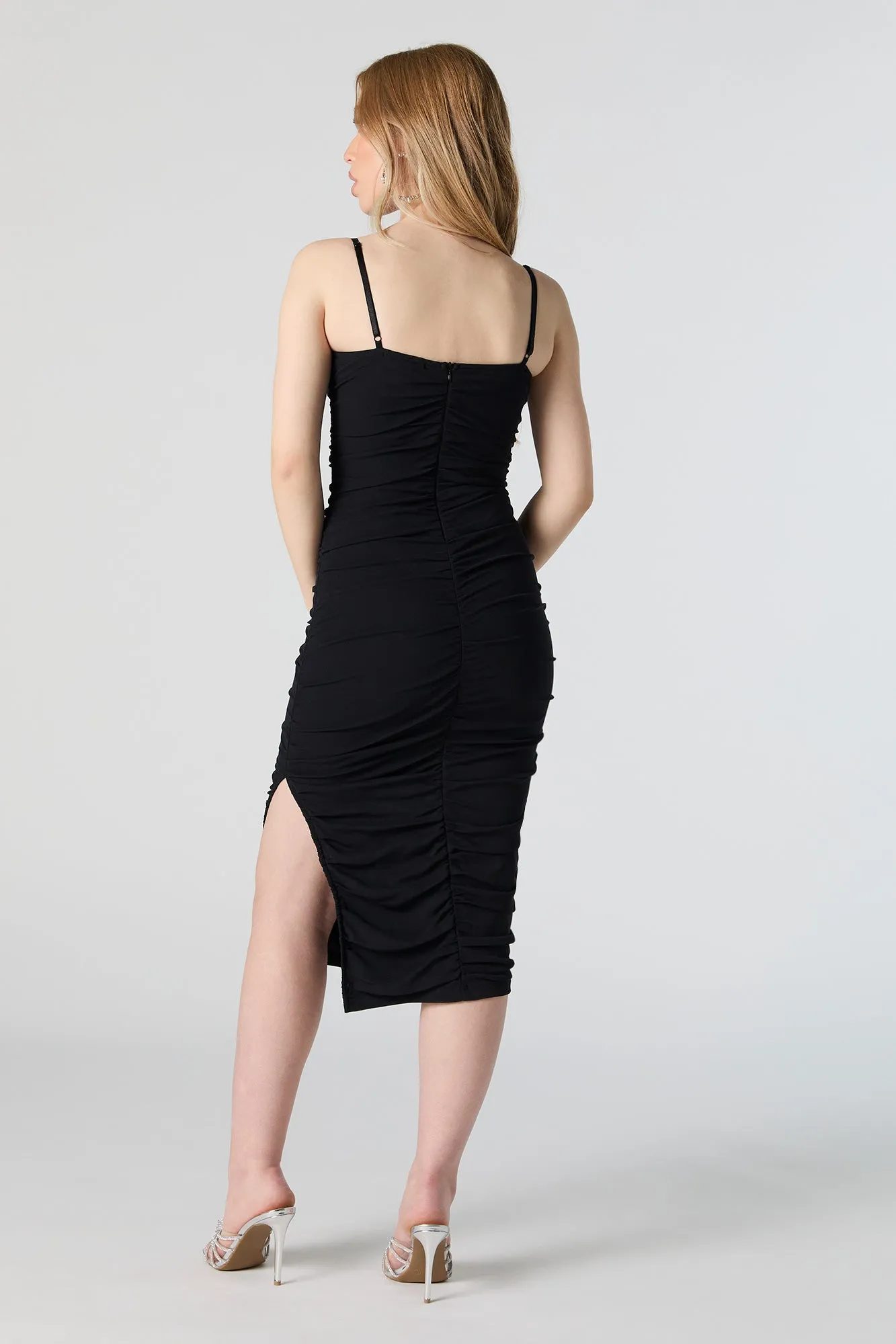 Mesh Ruched Bodycon Midi Dress