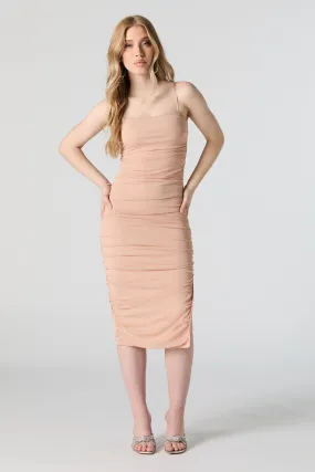 Mesh Ruched Bodycon Midi Dress