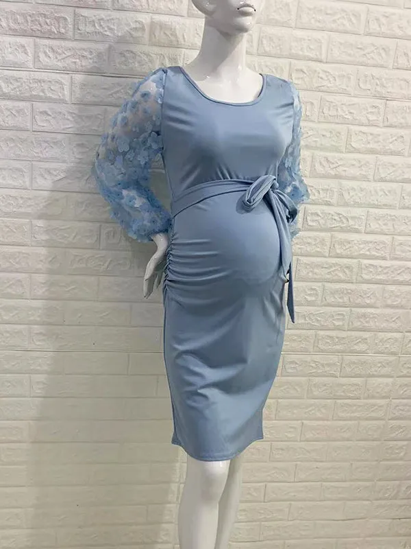 Momnfancy Floral Mesh Ruched Belt Baby Shower Bodycon Gender Reveal Maternity Pencil Dress