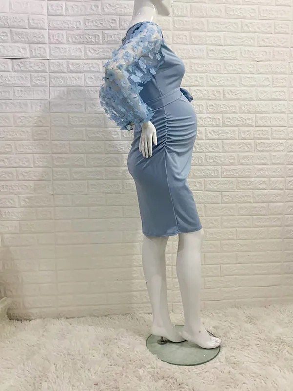 Momnfancy Floral Mesh Ruched Belt Baby Shower Bodycon Gender Reveal Maternity Pencil Dress