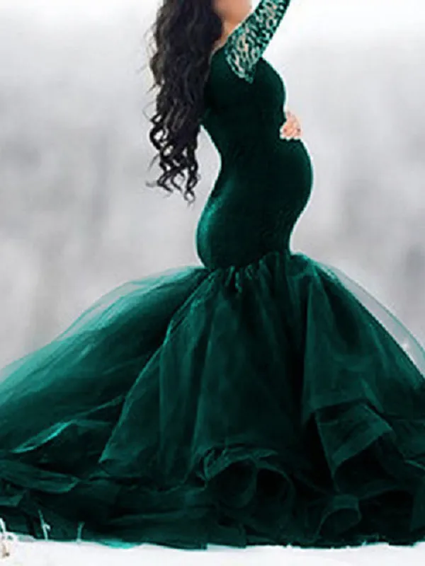 Momnfancy Lace Bodycon Mermaid Babyshower Tulle Tutu Maternity Maxi Dress