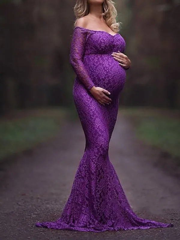 Momnfancy Lace Off Shoulder Bodycon Mermaid Maternity For Babyshower Maxi Dress