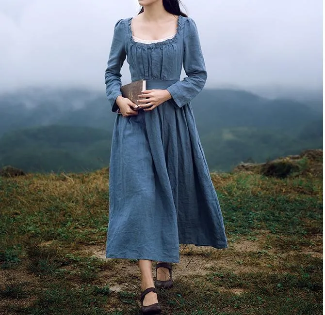 Movie Inspired Vintage Linen Square Collar Prairie Dress