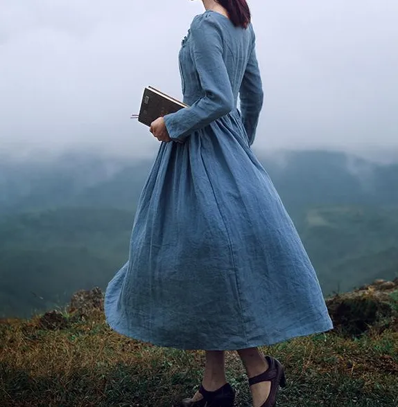 Movie Inspired Vintage Linen Square Collar Prairie Dress