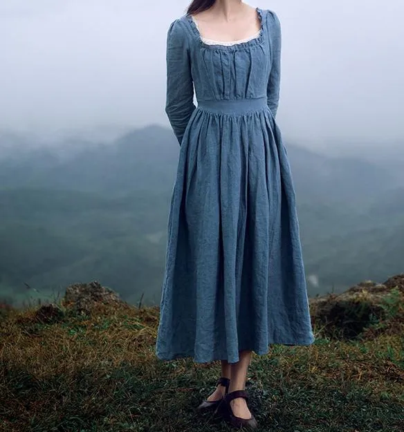 Movie Inspired Vintage Linen Square Collar Prairie Dress