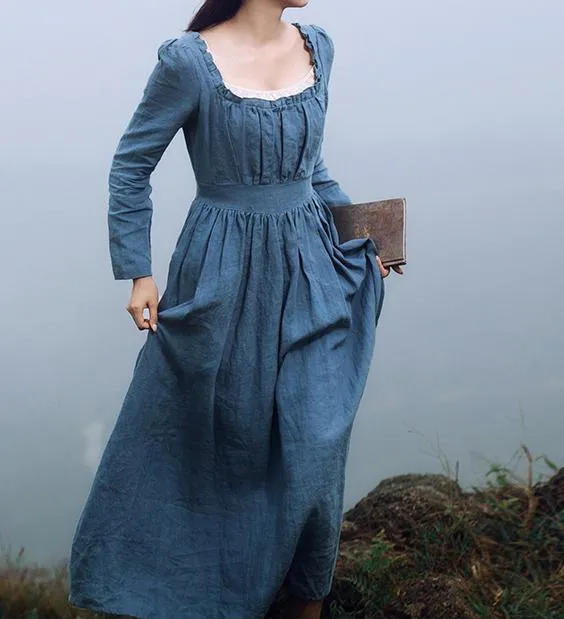 Movie Inspired Vintage Linen Square Collar Prairie Dress