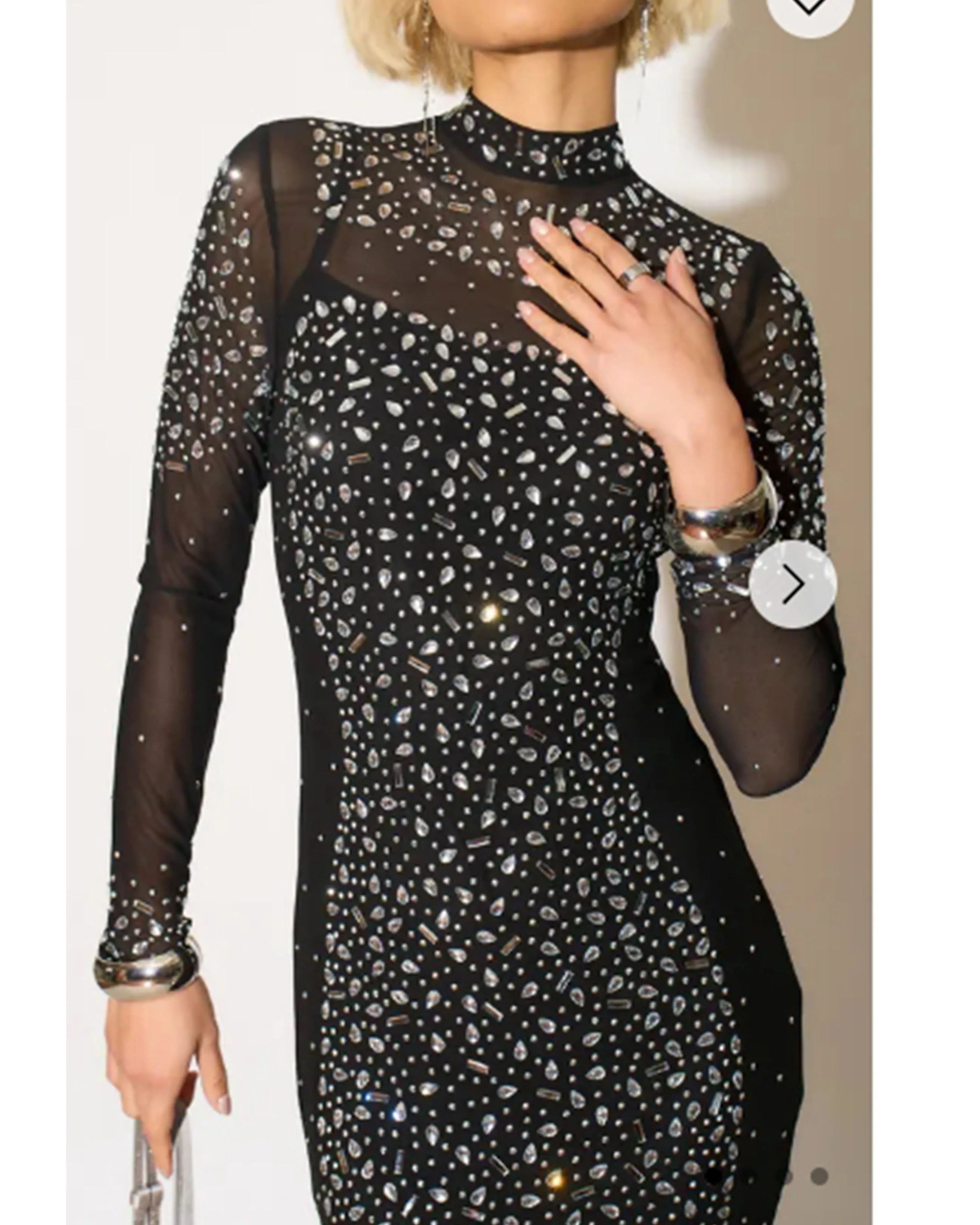 Multi Diamond Embellished Long Sleeves Dress With Stand Collar In Black