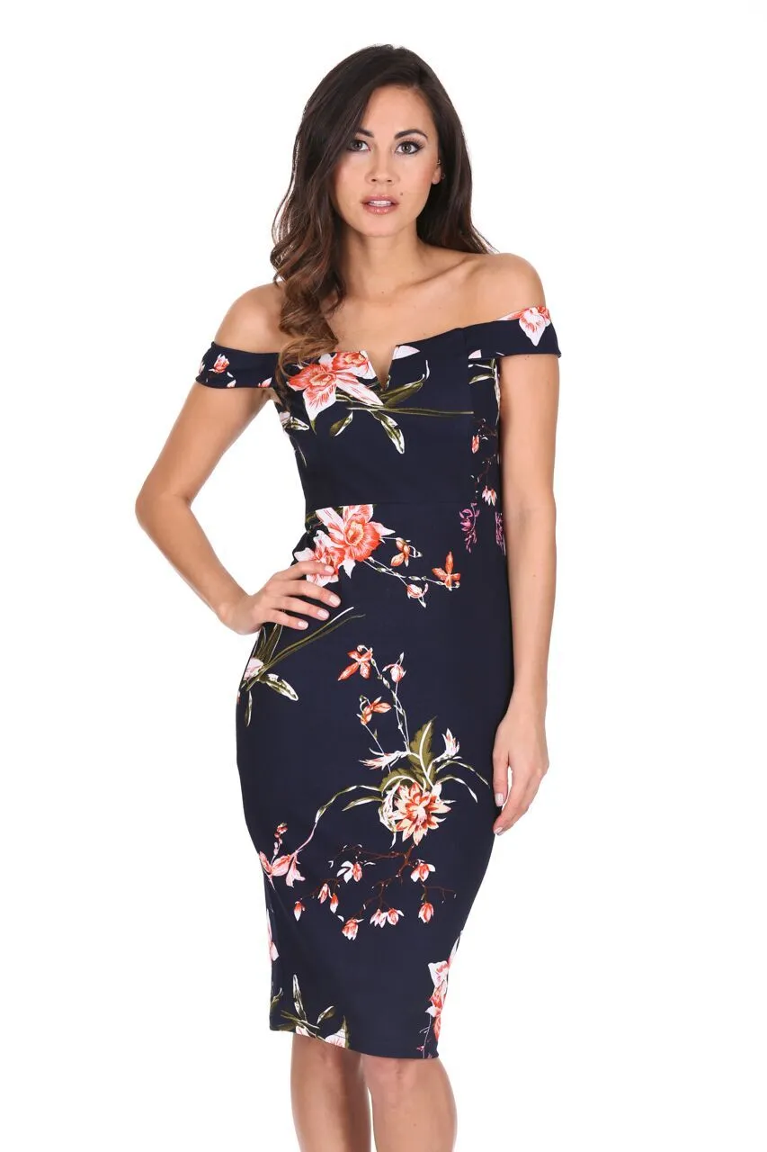 Navy Bardot Notch Front Floral Midi dress