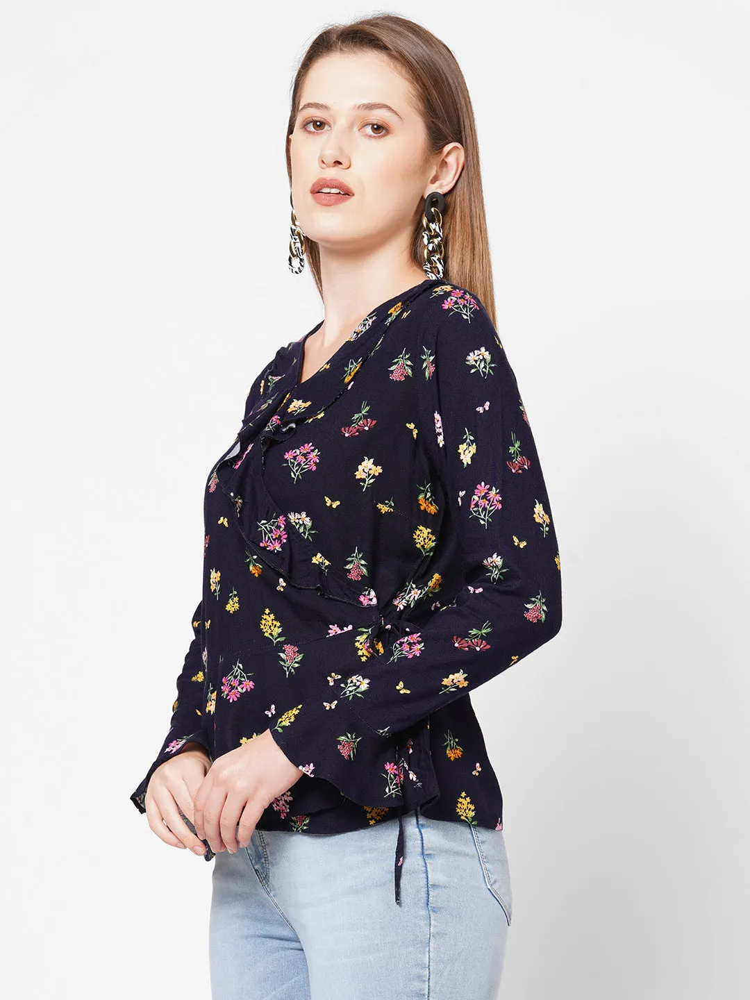 Navy Floral Printed Ruffle Neck Top For Women