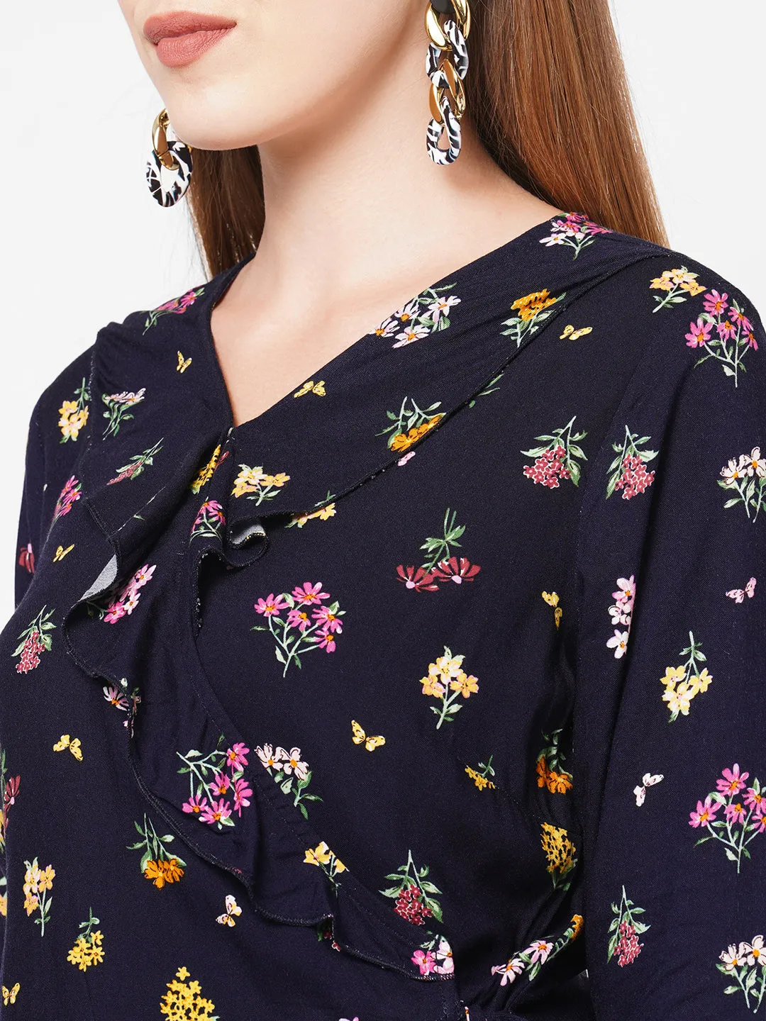 Navy Floral Printed Ruffle Neck Top For Women