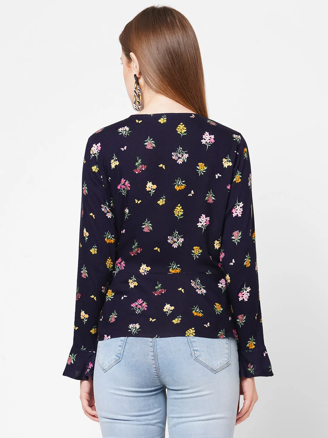 Navy Floral Printed Ruffle Neck Top For Women