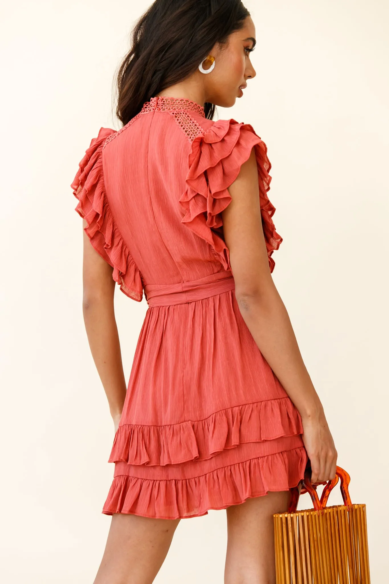 Oakland High Neck Ruffle Detail Dress Rust